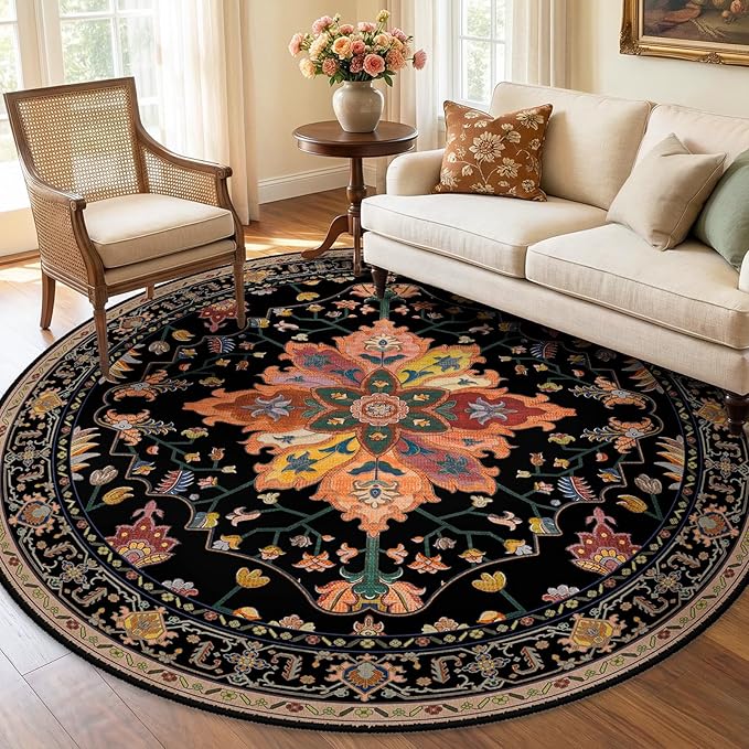 Area Rugs 7ft Washable Non-Slip, Floral Vintage Distress Print Pattern - Image 2