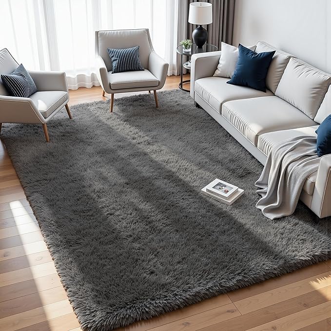 8x10 Area Rugs for Living Room: Ultra Soft Fluffy Shag Grey Rugs for Bedroom by CarpetAddColortoYourLife