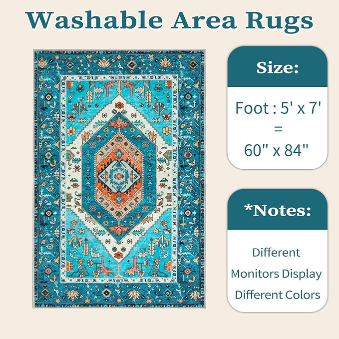 SERISSA Boho Area Rug 5x7 Blue, Washable Rugs - Image 6
