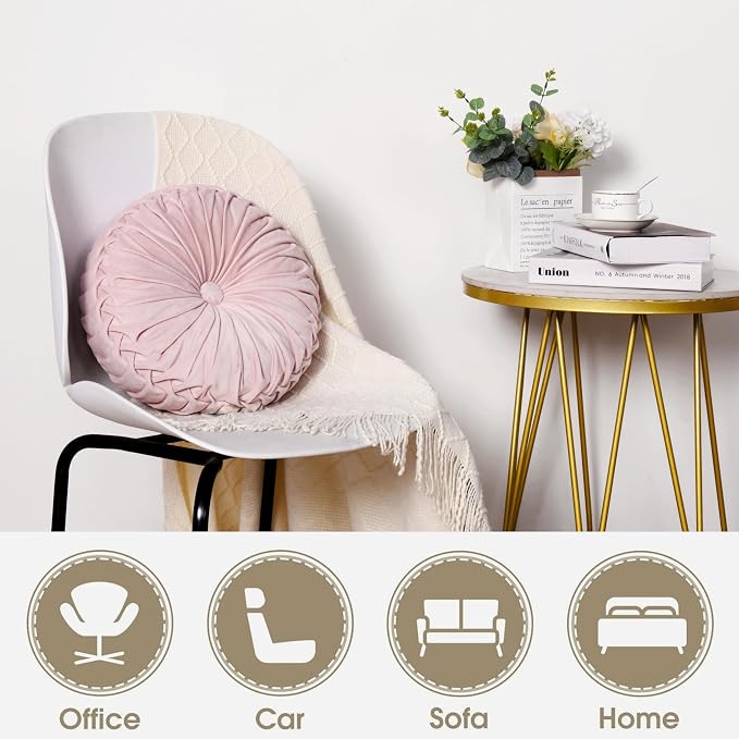 HIG Set of 2 Pink Ruched Velvet Round Throw Pillows – 14.5’’ Decorative Pillows - Image 2