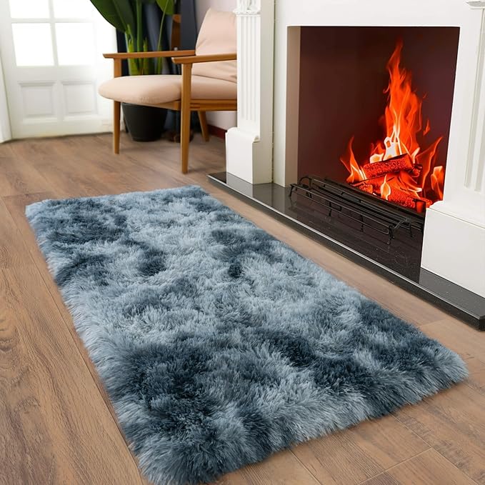 Soft Runner Rugs for Bedroom Hallways, 2x4 Tie-Dyed Blue Grey Fluffy Shag Throw - Image 5