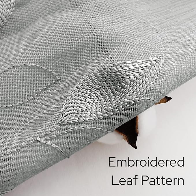HOMEIDEAS Grey Sheer Kitchen Curtains 30 X 24 Inch Length 2 Panels Embroidered - Image 2