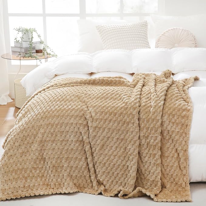 Puncuntex Beige Throw Blanket 60"×80" inches Fuzzy 3D Jacquard Decorative - Image 3