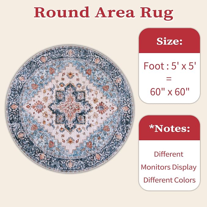 SERISSA Boho Round Area Rug, 5ft Washable Non-Slip Circle Rug, Ultra Soft - Image 6