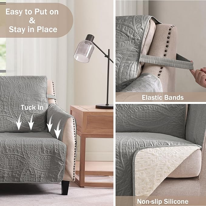 Gray Quilted Recliner Chair Covers, Waterproof Recliner Slipcovers, Lazy Boy - Image 3