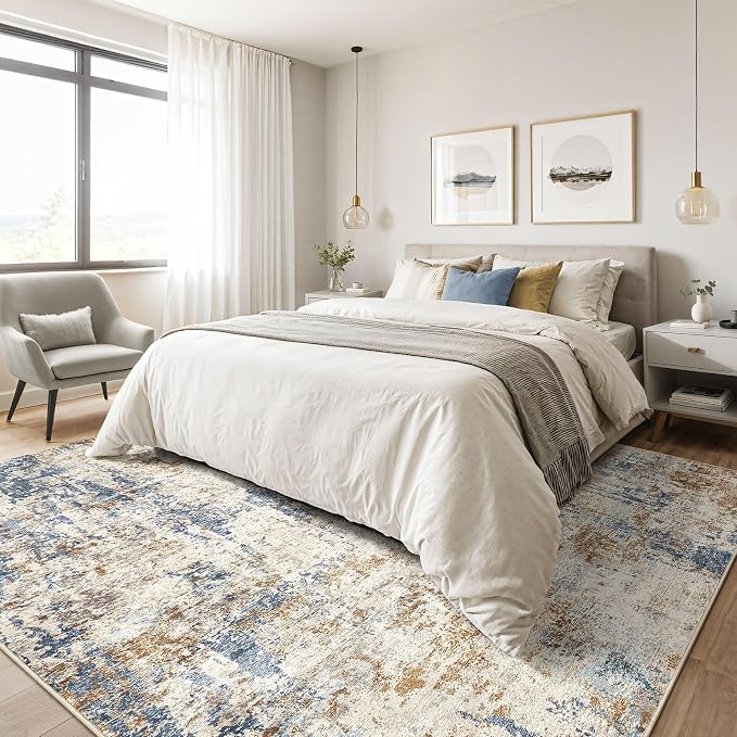 LOONGRUG 4x6 Area Rug Machine Washable Neutral Modern Rugs Blue Tan | Abstract - Image 4