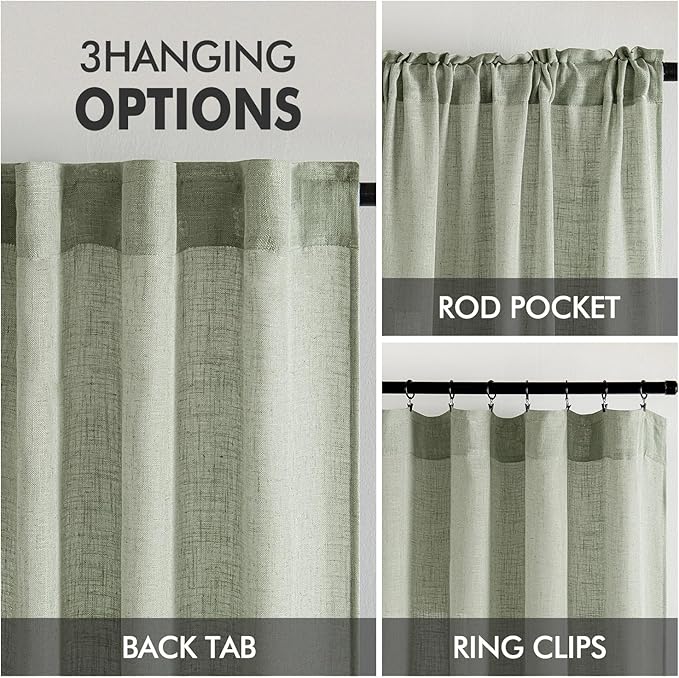 MIULEE Sage Linen Curtains 52x63 Inch Long 2 Panels of Green Window Drapes | - Image 3