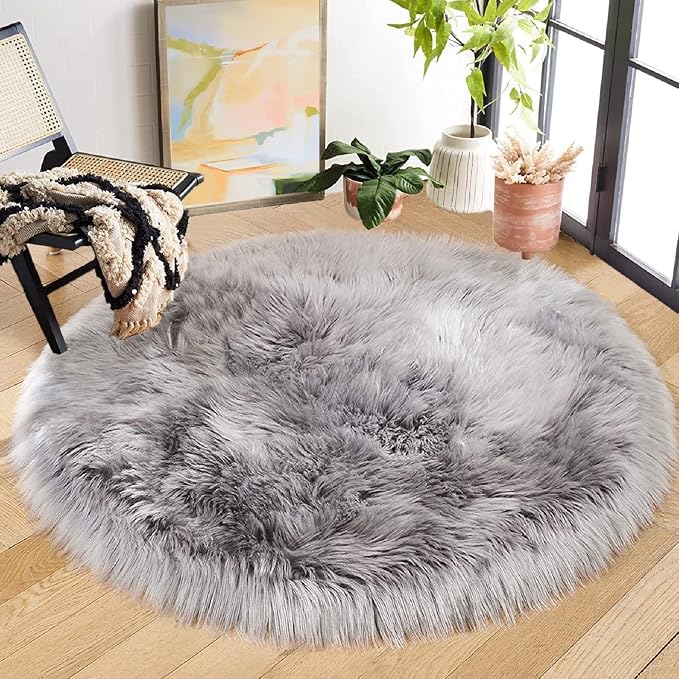 ORINOVA Round Rugs 6ft Silver Grey Fuzzy Faux Sheepskin Washable Furry Fur Area - Image 6