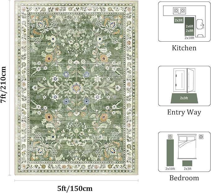 Yamaziot Washable Area Rug 5x7 – Non-Slip Boho Floral Living Room Rug - Image 2