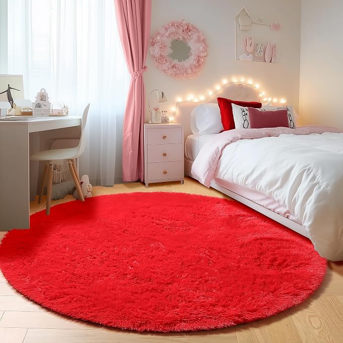 ONASAR Red Round Area Rug 4ft, Soft Bedroom Circle Rugs Floor Mat - Image 4