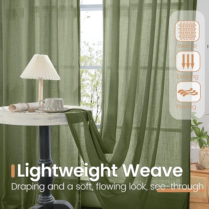 BGment 96 Inches Long Olive Green Linen Curtains - Image 4
