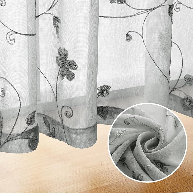 HOMEIDEAS Grey Sheer Curtains 96 Inches Long 2 Panels Embroidered Floral - Image 5