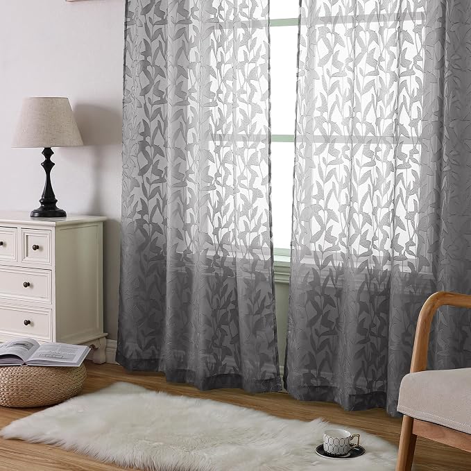 Lecloud Leia Living Room Charcoal Grey Sheer Curtains 84 Inches Long 2 Panels - Image 7