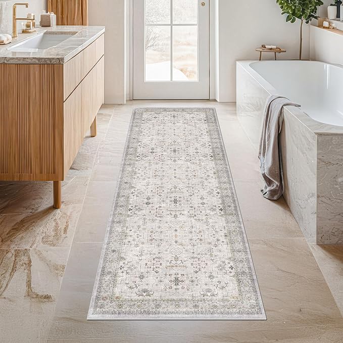 Light Grey 2x5 Boho Bathroom Runner Rug by HazoHaus