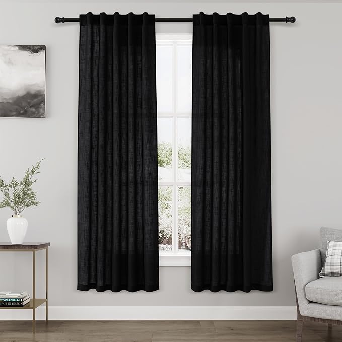 Black Semi Sheer Linen Curtains 72 inch Length by Nanspring