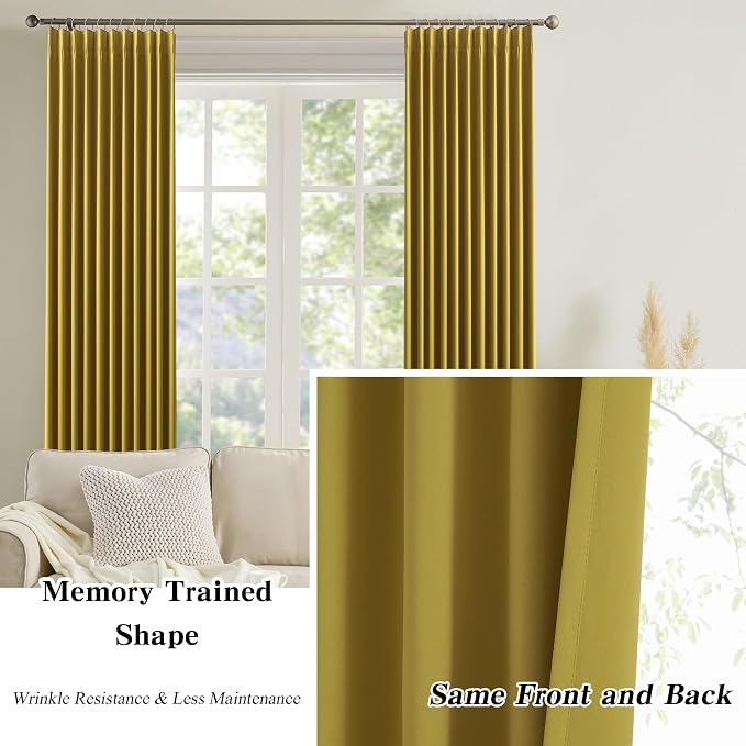 Yellow Pinch Pleated Curtains 120 Inch Length 2 Panels Set Noise Cancelling - Image 6
