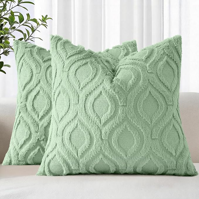 decorUhome Throw Pillow Covers 20x20 Inch Set of 2, Soft Plush Faux Wool Sage by decorUhome