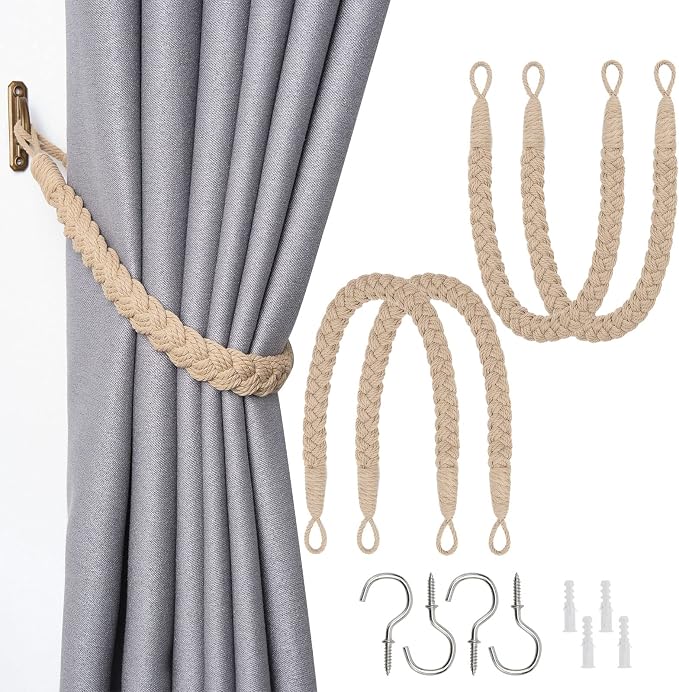 NICEEC 4 Pack Natural Cotton Rope Curtain Tiebacks Elegant Boho Style by NICEEC