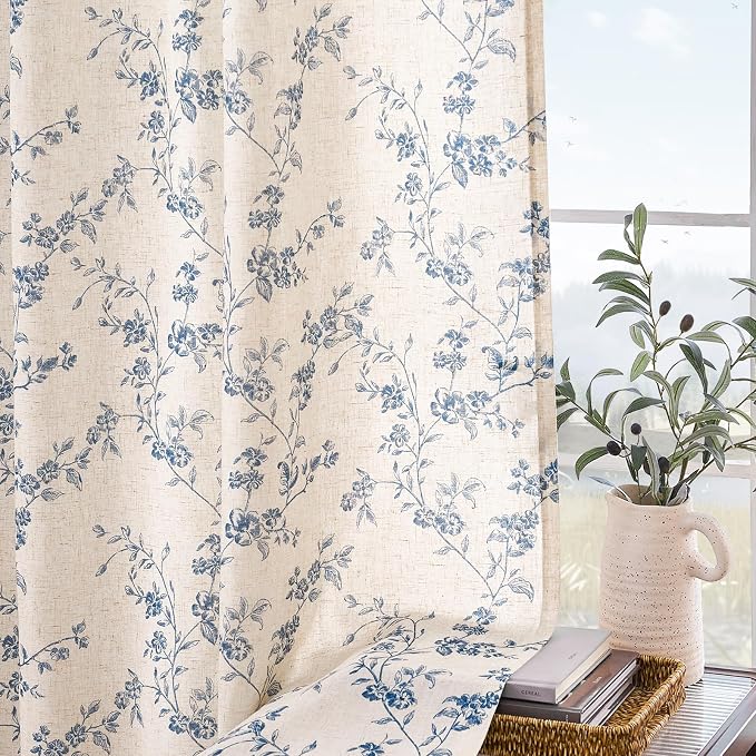 Lazzzy Farmhouse Linen Curtains Blue Floral Curtains 96 Inch Long Back Tab - Image 8