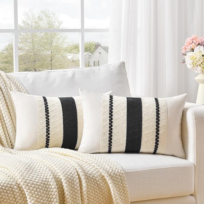 Fancy Homi Set of 1 Boho Black Lumbar Decorative Throw Pillow Cover 12x20 Inch - Image 2