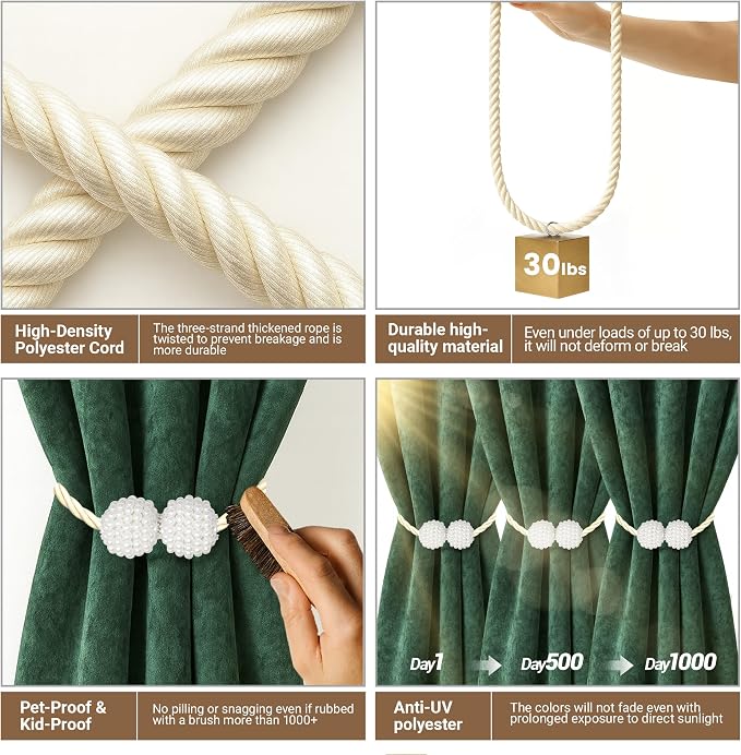 Hion Magnetic Curtain Tiebacks Beige 6 Pack, Curtain Tiebacks Buckles Holdbacks - Image 4