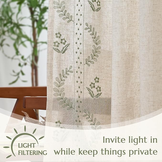 jinchan Belrose Linen Curtains for Bedroom Floral Curtains 90 Inch Length Linen - Image 5