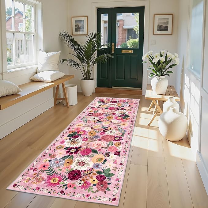 Pink Rug for Hallways Kitchen Rug 2x8, Non Slip Washable Rugs - Image 2