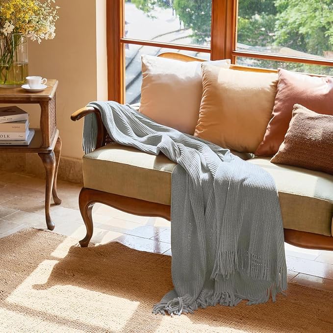 lifein Throw Blanket for Couch, Soft Boho Decor Bed Throw, Cozy Grey Knitted - Image 2