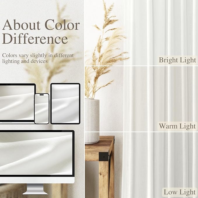 Ivory Linen Curtains 108 Inches Long 2 Panels Set Back Tab Rod Pocket Semi - Image 4