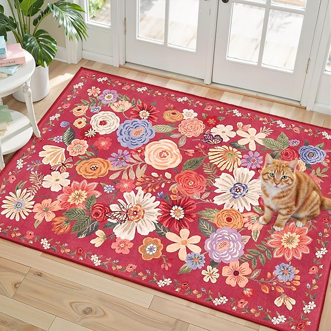 Floral Rug for Entryway, 2x3 Washable Kitchen Mat Ultra-Thin Soft, Non-Slip by WelcometoBabovid