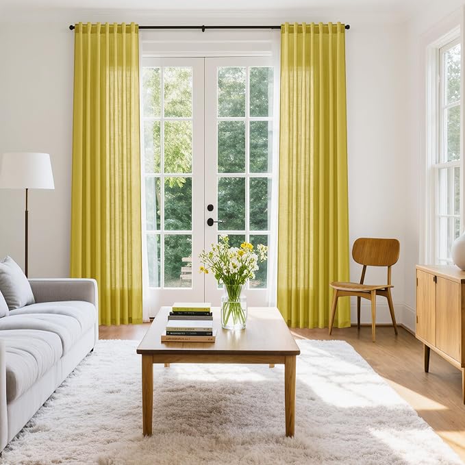 Celery Yellow Linen Curtains 102 Inches Long 2 Panel Set Back Tab Rod Pocket - Image 8