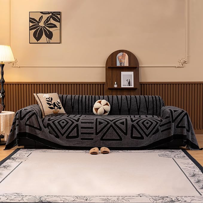 HANDONTIME Dark Grey Sofa Cushion Covers Boho Couch Sofa Covers Short Plush by HANDONTIME