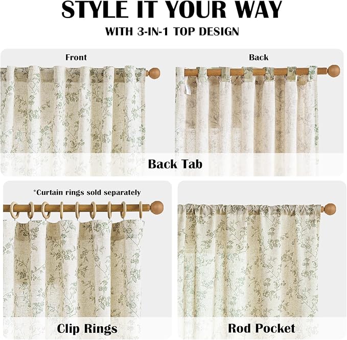 Lazzzy Green Floral Linen Curtains 90 Inch Farmhouse Back Tab Drapes - Image 4