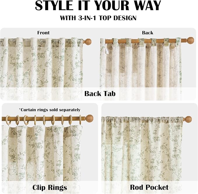 Lazzzy Green Floral Linen Curtains 96 Inch Farmhouse Back Tab Drapes - Image 4