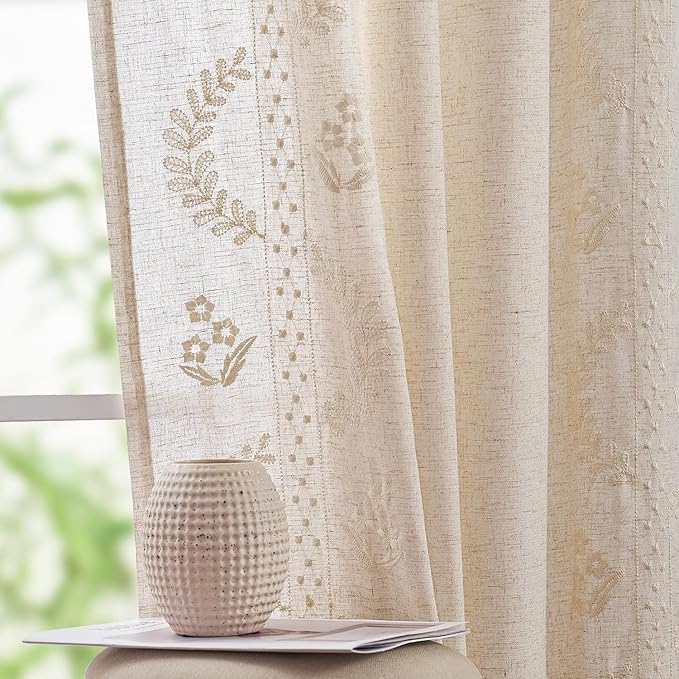 jinchan Belrose Linen Curtains for Bedroom Floral Curtains 90 Inch Length Linen by JINCHAN