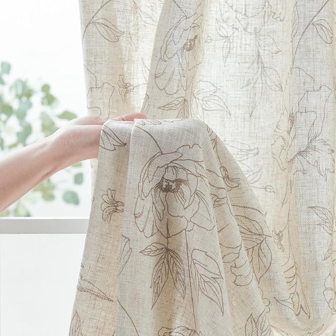 jinchan Floral Linen Curtains for Living Room 96 Inch Length Taupe Flower - Image 5