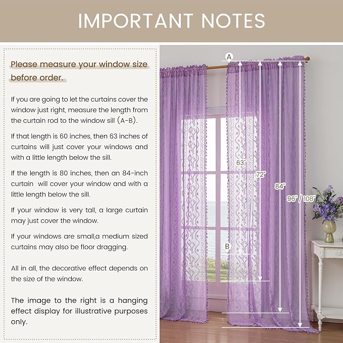WAZZIO Boho Lace Curtains 84 Inch 2 Panels -Sheer Panel Drape Floral Pattern & - Image 9