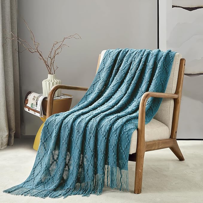 BOURINA Teal Throw Blanket 50 x70 Inches Jacquard Argyle Throw Textured Solid - Image 4