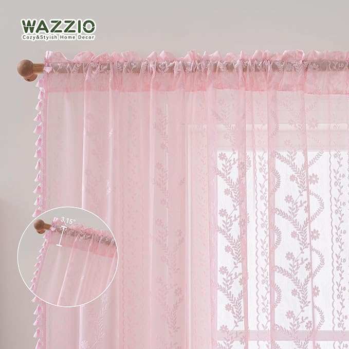 WAZZIO Boho Lace Curtains 84 Inch 2 Panels -Sheer Panel Drape Floral Pattern & - Image 8