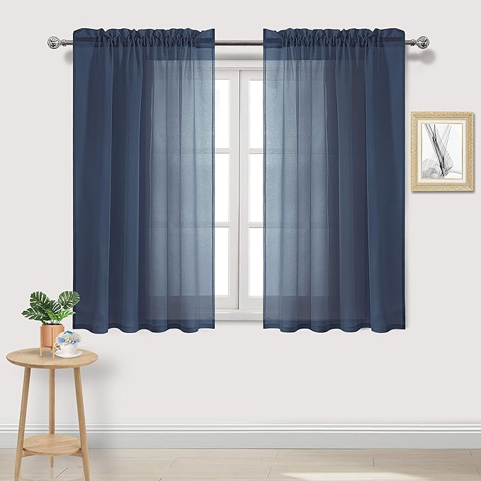 DWCN Navy Blue Sheer Curtains Semi Transparent Voile Rod Pocket Curtains by DWCN