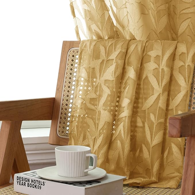 Lecloud Leia Dark Gold Sheer Kitchen Curtains 24 Inch Length 2 Pcs, Jacquard - Image 3