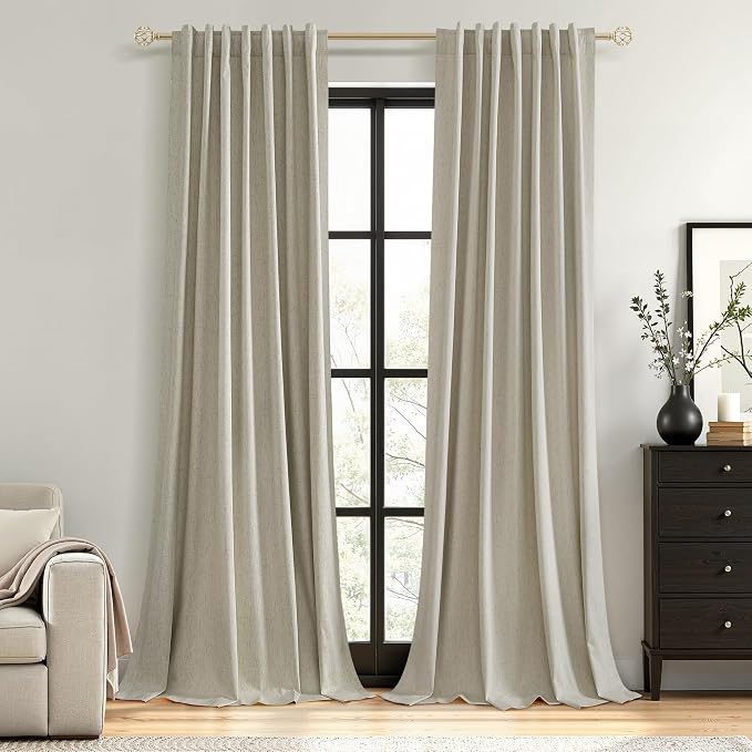 100% Blackout Linen Curtains for Bedroom 90 inches Long, Thermal Insulated Room by Guken