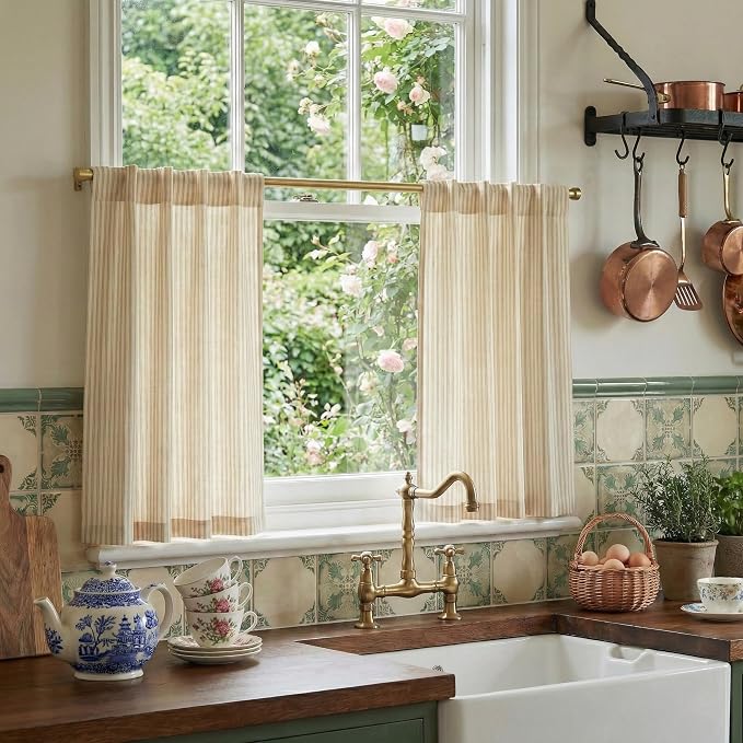 RYB HOME Yellow Kitchen Curtains 24 inch Length, Linen Farmhouse Striped Tier by RYBHOME