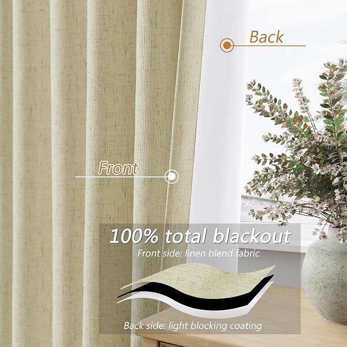 100% Blackout Linen Curtains for Bedroom 96 inches Long, Thermal Insulated Room - Image 4