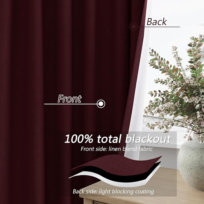 Burgundy 100% Blackout Linen Curtains 72 Inch Length 2 Panels Set - Image 4