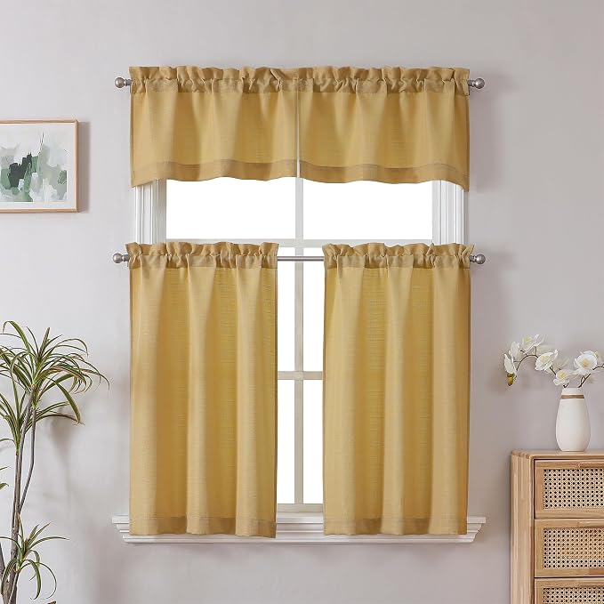 Chyhomenyc Gold Valance for Windows, Light Filtering Faux Linen Solid Short - Image 2