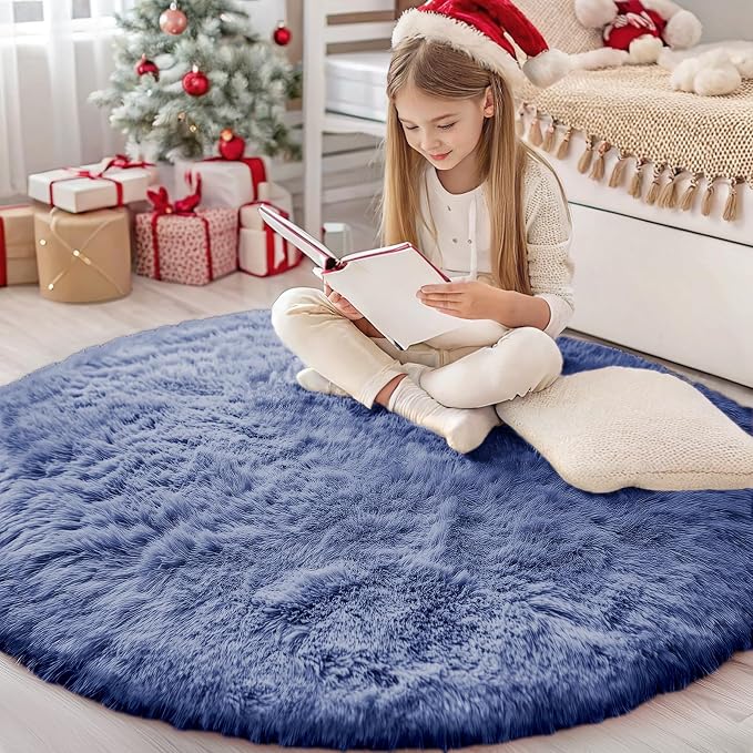 OLANLY Denim Blue Round Rugs for Bedroom by OLANLY