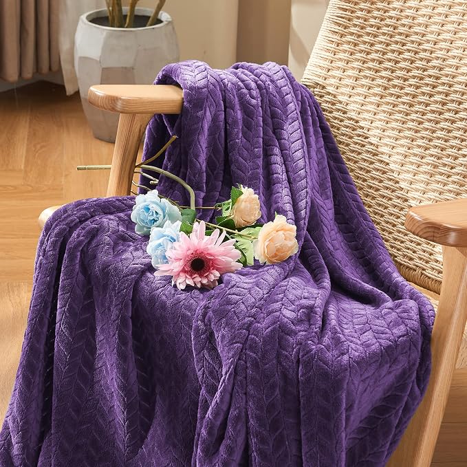 inhand Purple Fleece Twin Blanket, Super Soft Flannel Leaves Pattern Fuzzy - Image 8