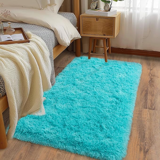 Soft Runner Rugs for Bedroom Hallways, 2x4 Teal Blue Fluffy Shag Throw Area Rug by Ailyei