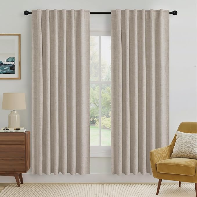 RYB HOME Natural Beige 100% Blackout Linen Curtains 72 inch Long, Thermal by RYBHOME
